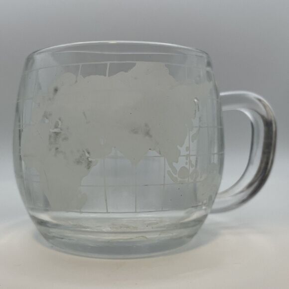 Vintage 1970's Nestle Nescafé Clear Glass Globe World Cup Coffee Tea Mug Etched - Picture 1 of 5
